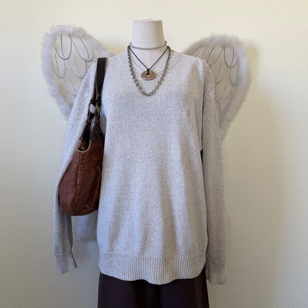 Minimal Retro V Neck Sweater Beige Silk Blend Oversized Preppy Academia‎ Retro